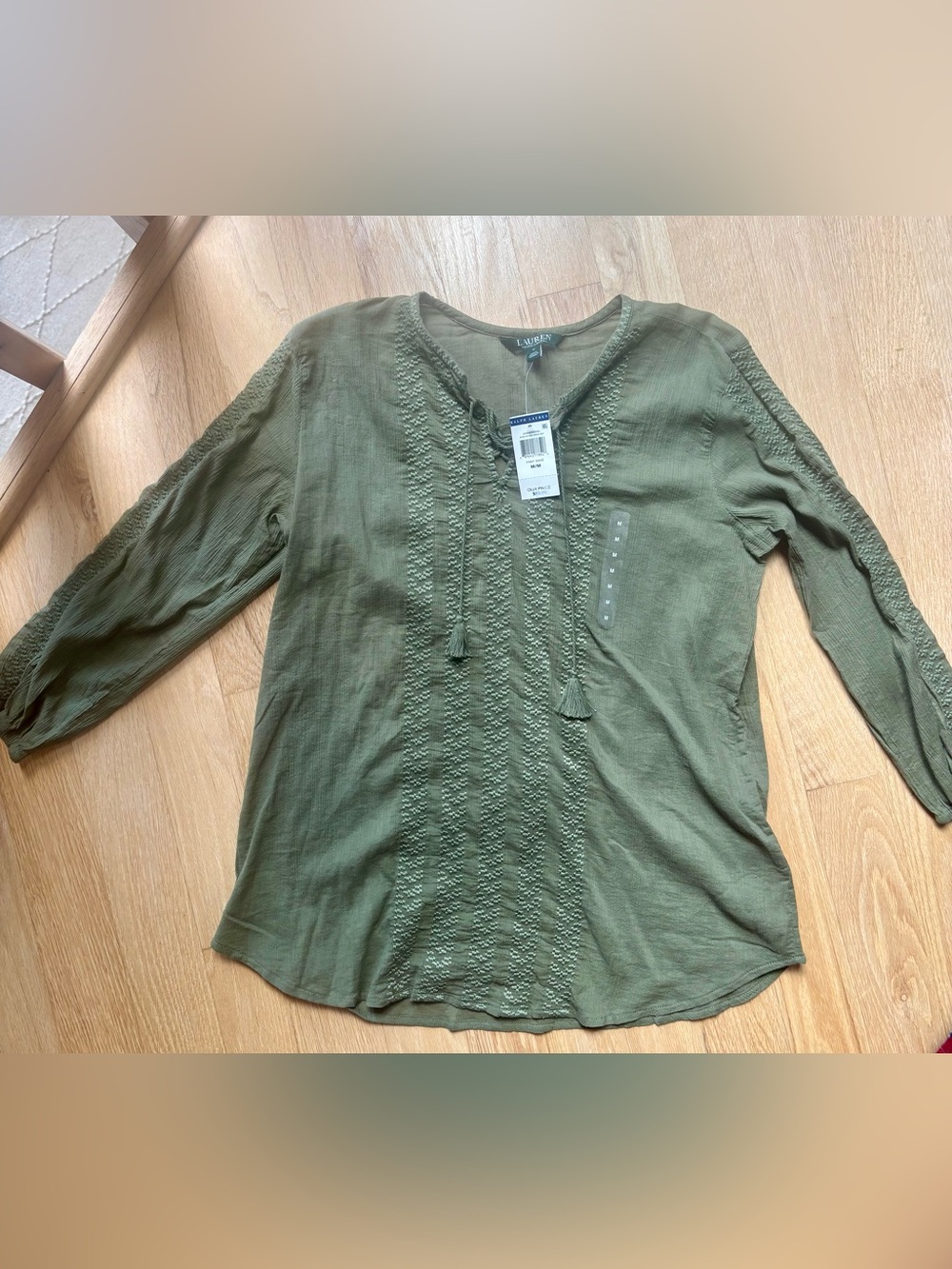 Lauren Ralph Lauren Olive Green Embroidered Boho Peasant Tunic Blouse - NWT